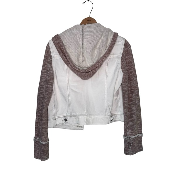 Free People | Knit Hooded White Denim Distressed Jean Jacket Fabric Sleeves Sz M - Picture 6 of 12